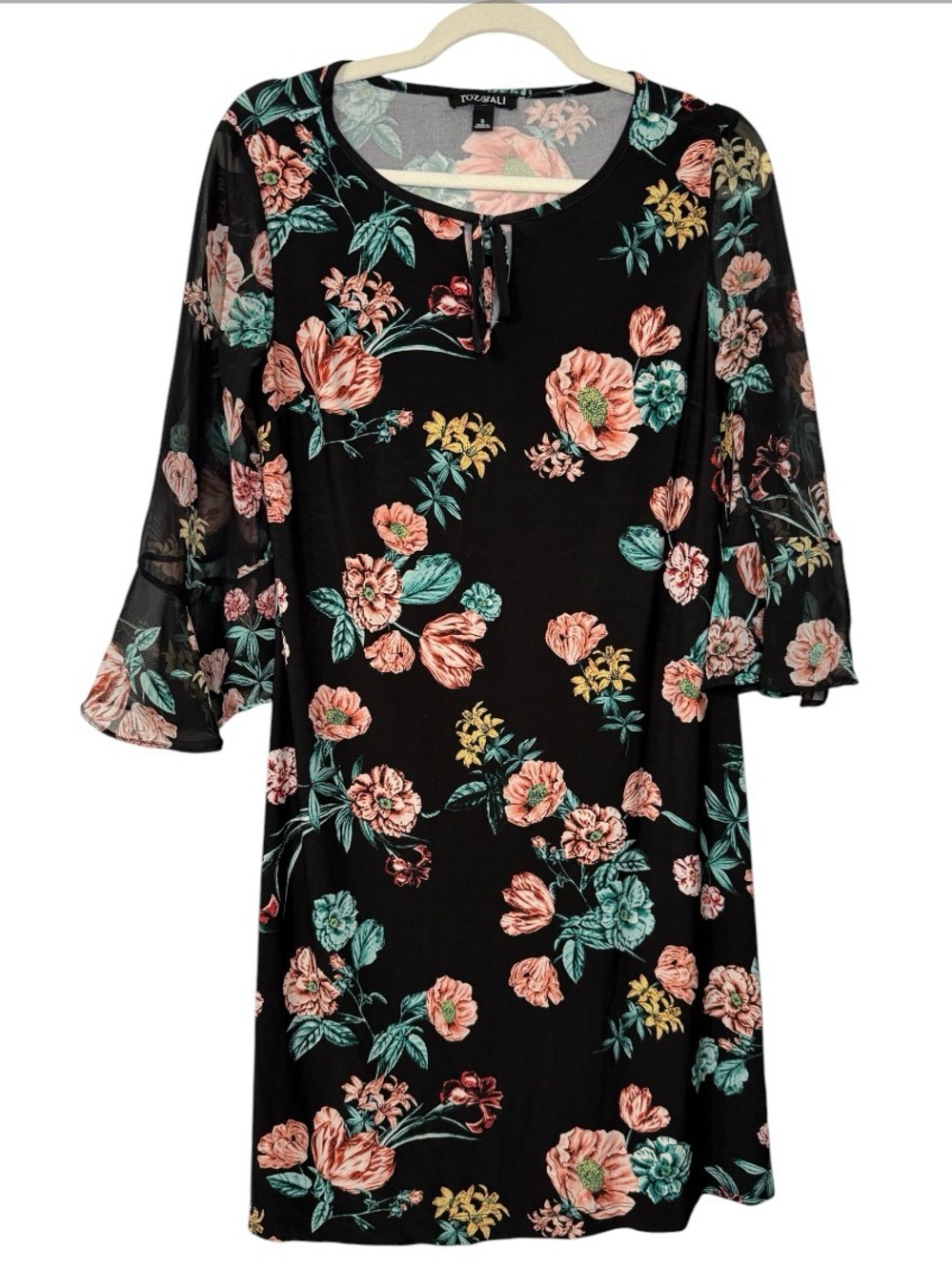 Roz & Ali Black Floral Mini Dress With Sheer Bell Sleeves Size Small